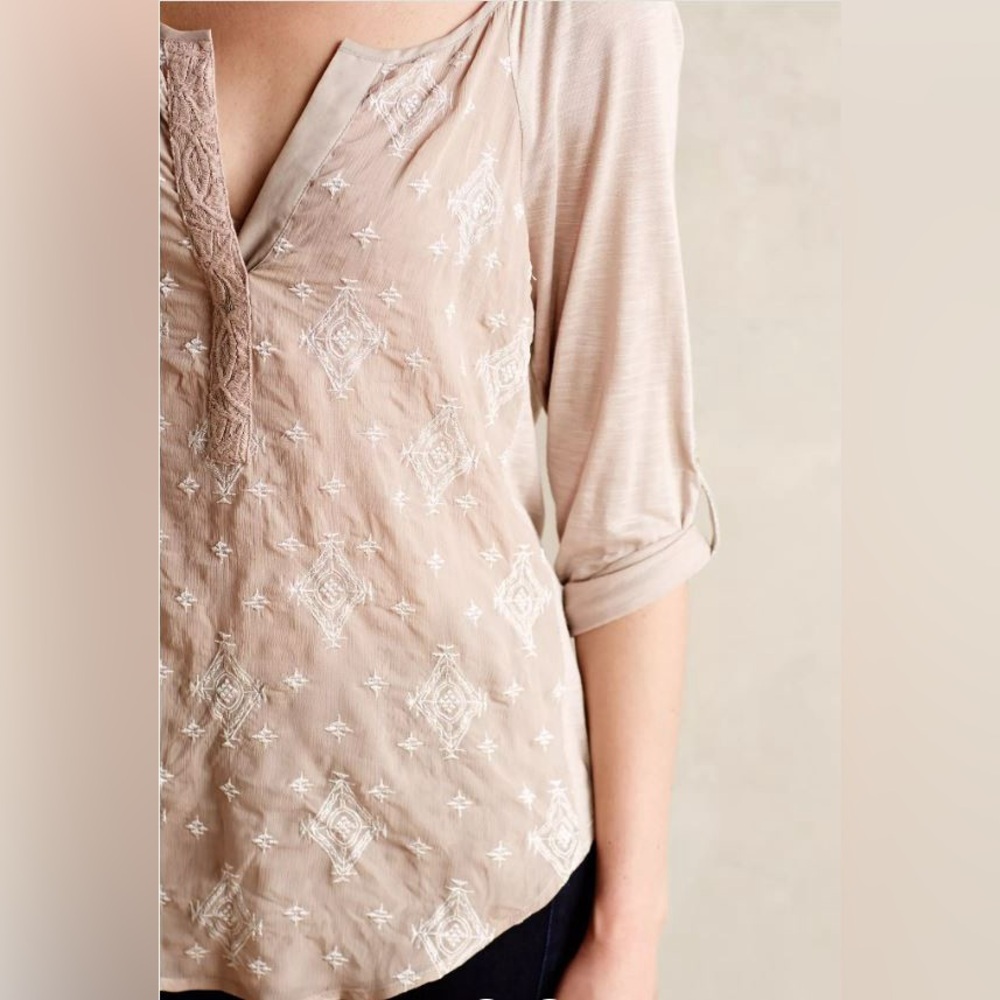ANTHRO / TINY : Blush/Tan Stitch Henley Blouse - Picture 3 of 10
